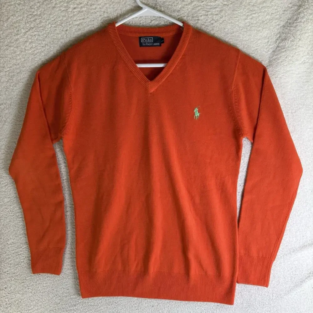 Vintage Polo Ralph Lauren Pullover Sweater Mens Large Orange V Neck Wool
